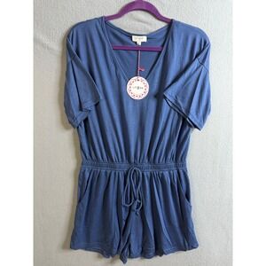 Umgee‎ Romper Women's Small V-Neck Drawstring Waist Pockets Blue